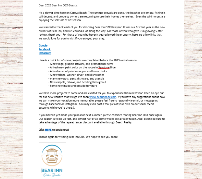 Bear Inn Letter to Guests